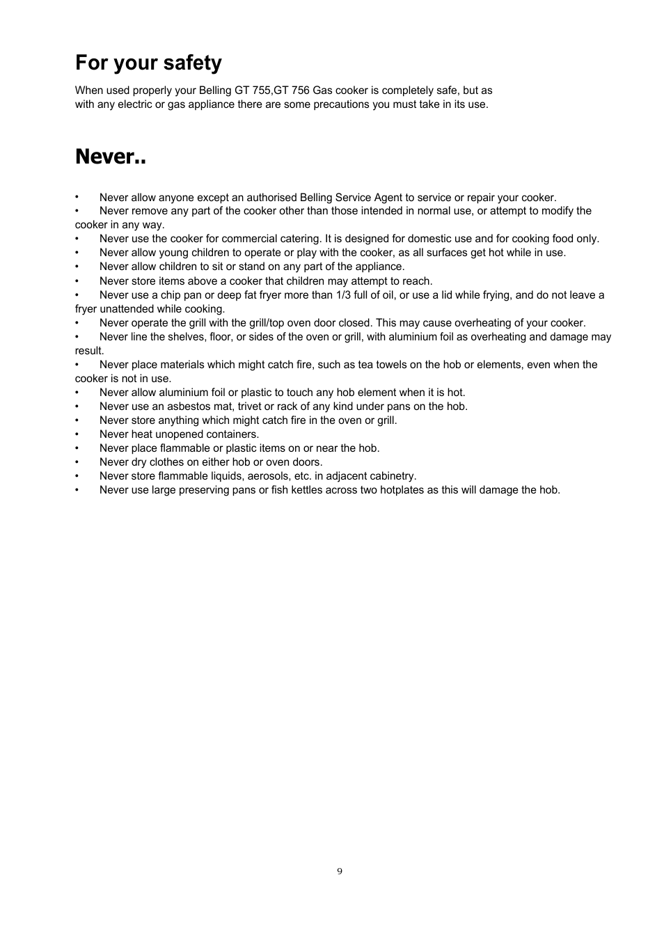 For your safety, Never | Glen Dimplex Home Appliances Ltd GT 756 User Manual | Page 9 / 24