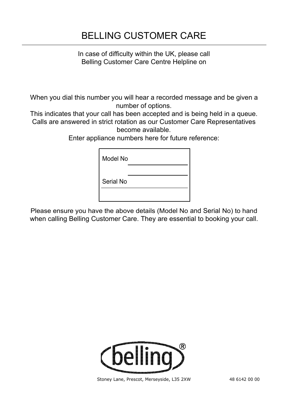 Belling customer care | Glen Dimplex Home Appliances Ltd BE815 User Manual | Page 28 / 28