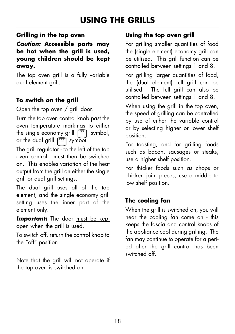 Using the grills | Glen Dimplex Home Appliances Ltd FSE 60 I User Manual | Page 20 / 48