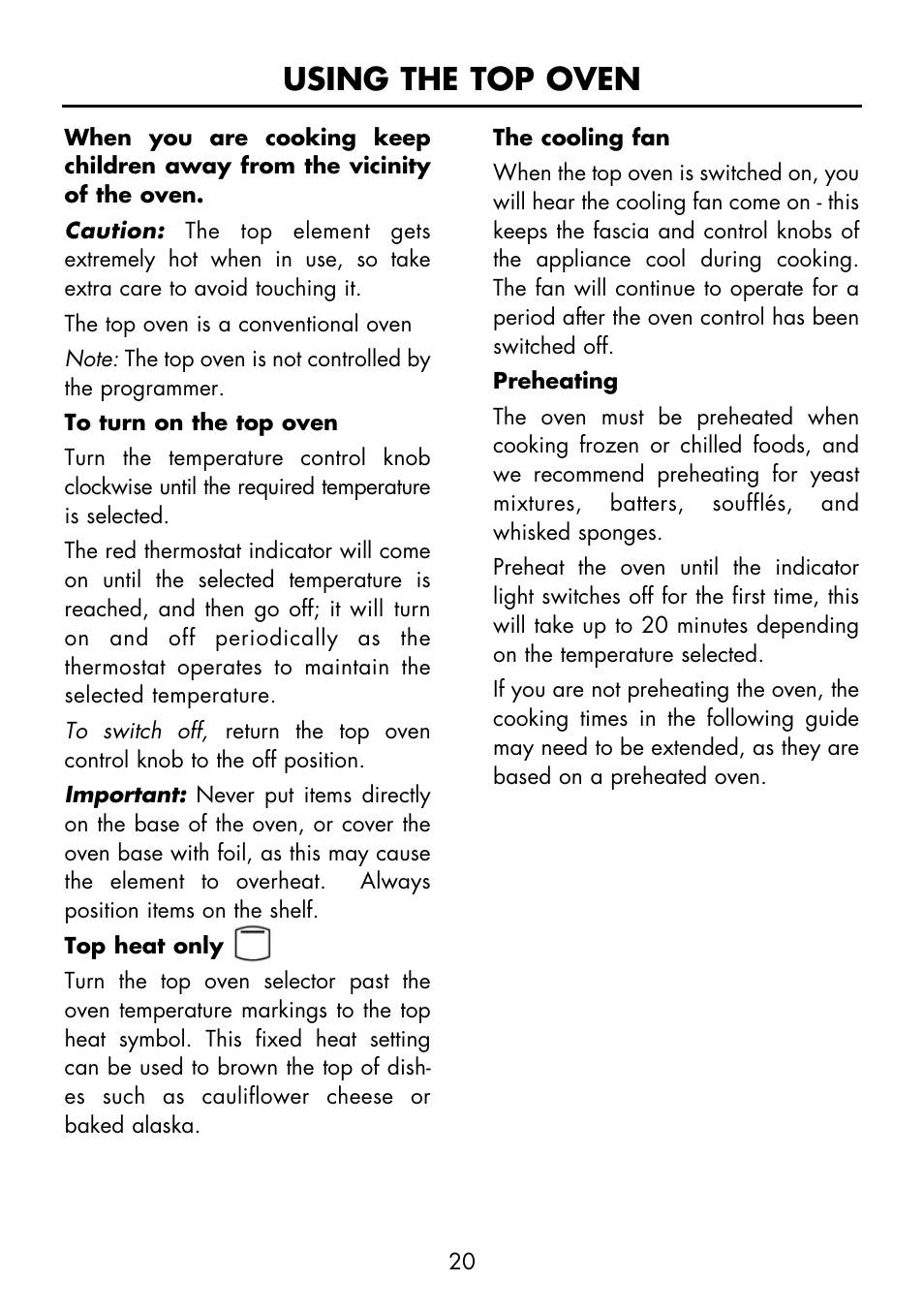 Using the top oven | Glen Dimplex Home Appliances Ltd FSE 60 I User Manual | Page 22 / 48