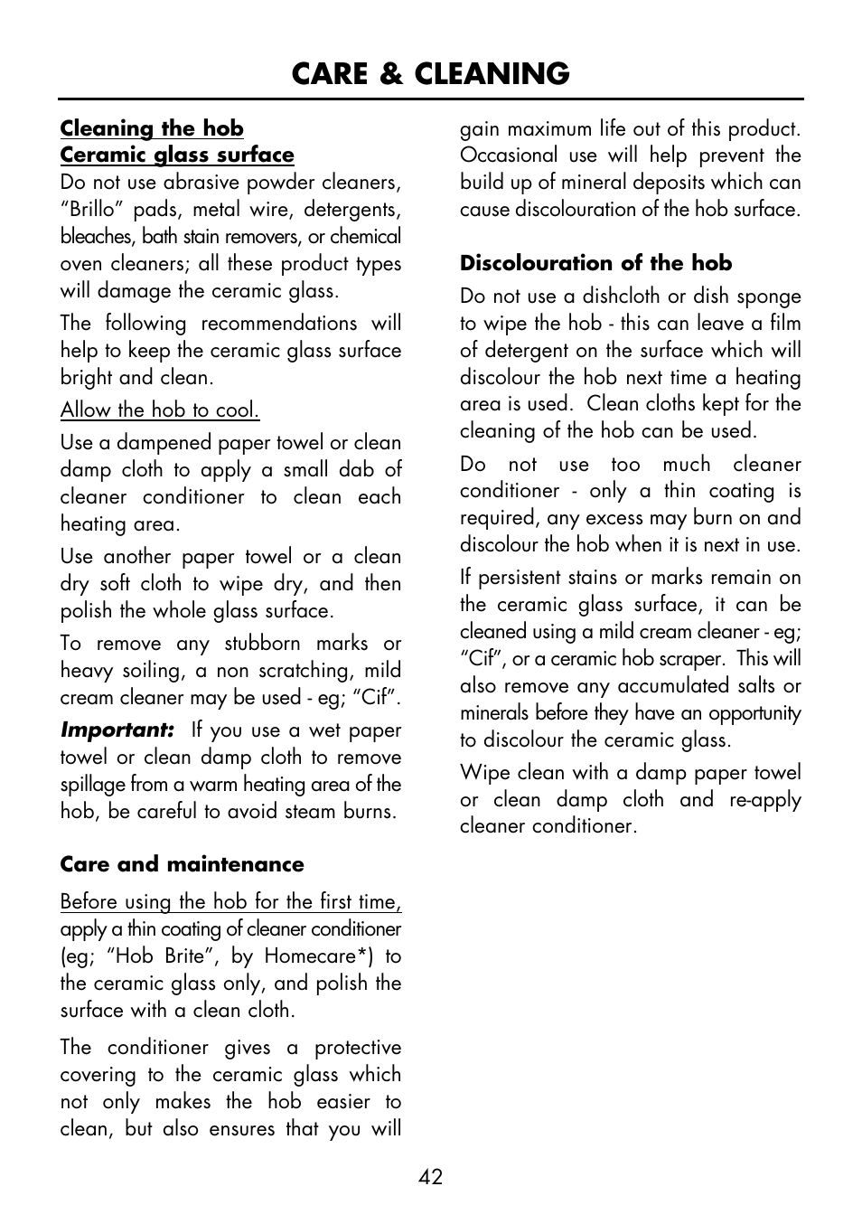 Care & cleaning | Glen Dimplex Home Appliances Ltd FSE 60 I User Manual | Page 44 / 48