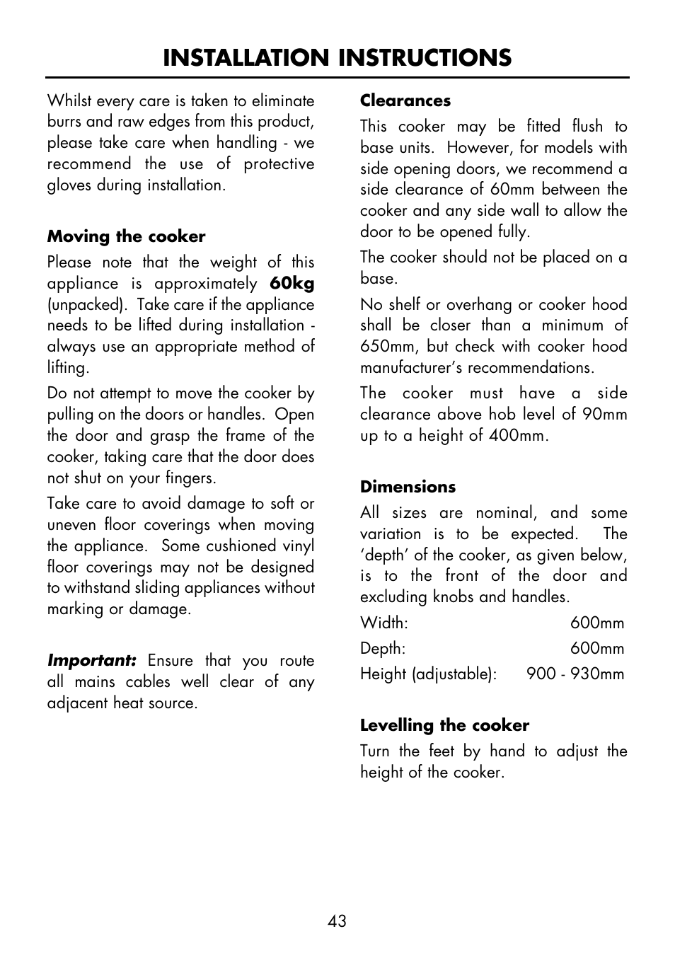Installation instructions | Glen Dimplex Home Appliances Ltd FSE 60 I User Manual | Page 45 / 48