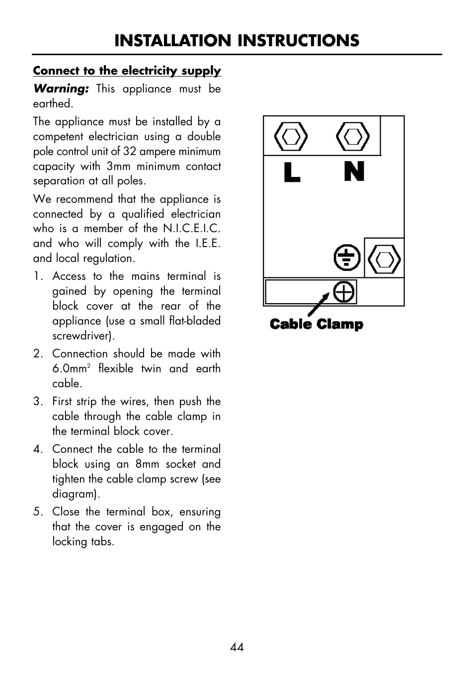 Installation instructions | Glen Dimplex Home Appliances Ltd FSE 60 I User Manual | Page 46 / 48