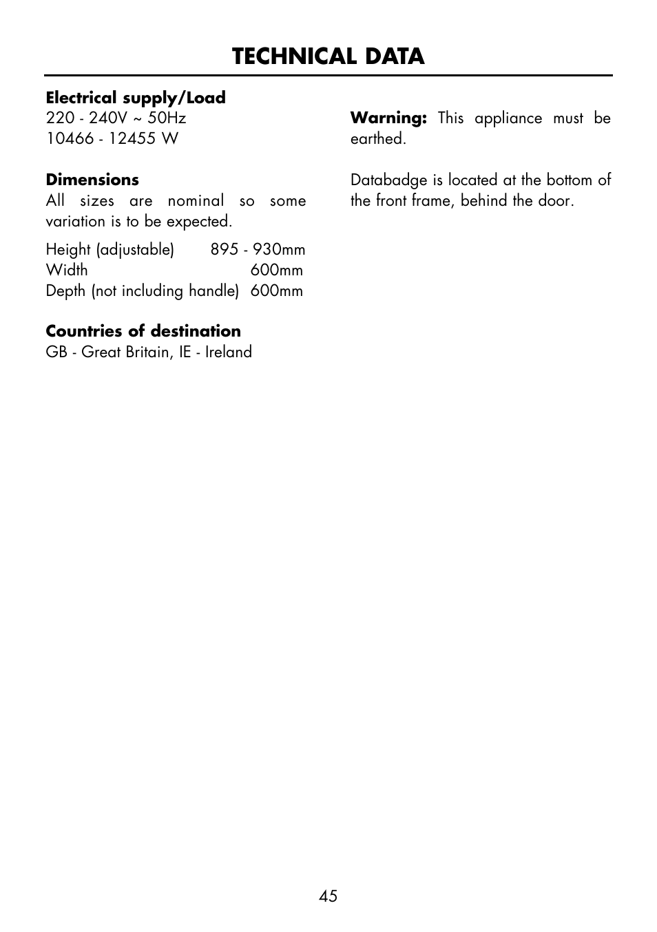 Technical data | Glen Dimplex Home Appliances Ltd FSE 60 I User Manual | Page 47 / 48