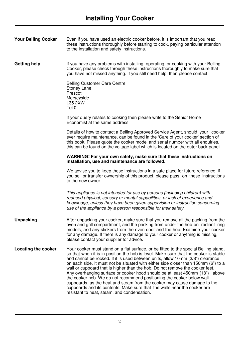 Installing your cooker | Glen Dimplex Home Appliances Ltd 121R User Manual | Page 2 / 8