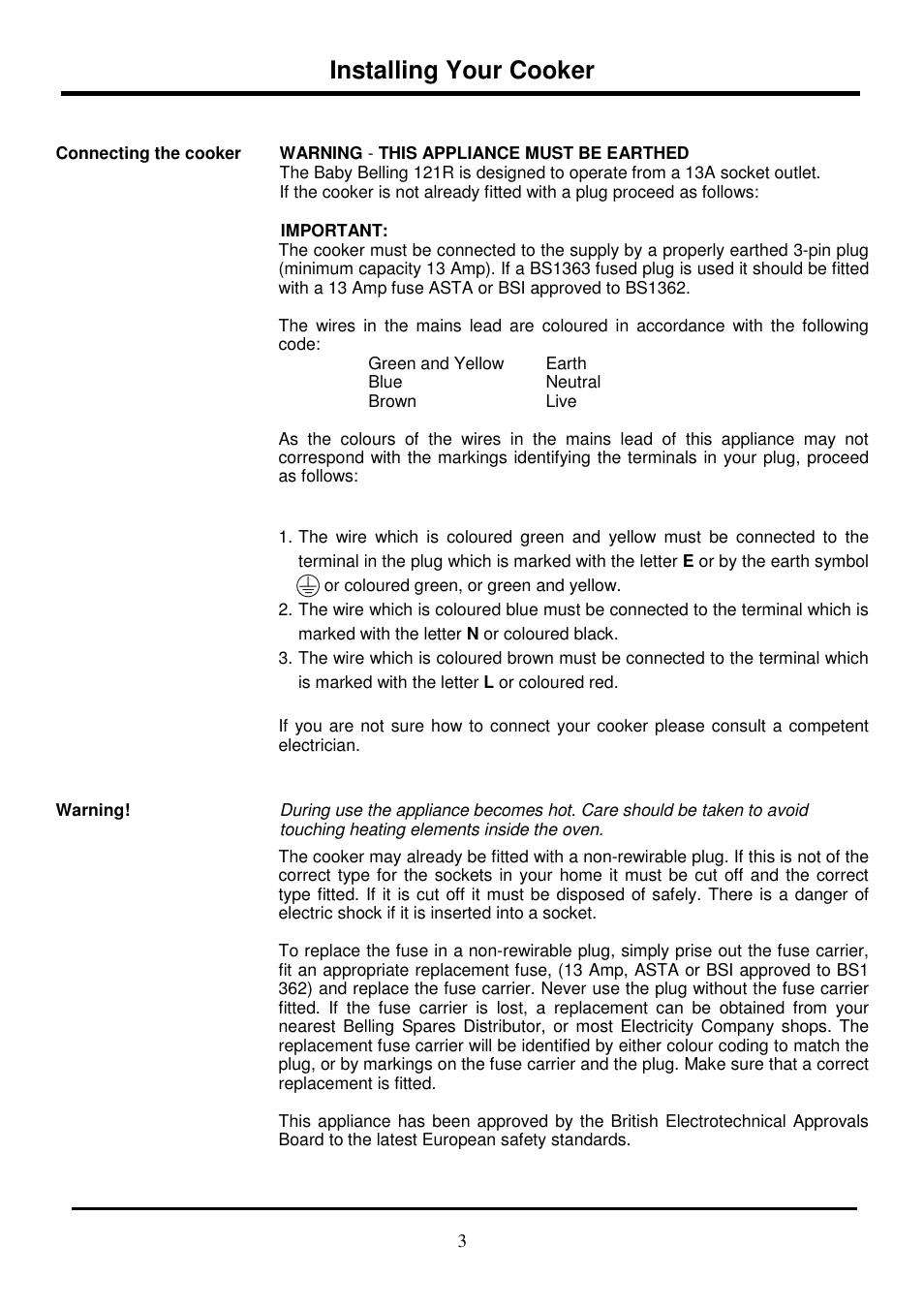 Installing your cooker | Glen Dimplex Home Appliances Ltd 121R User Manual | Page 3 / 8