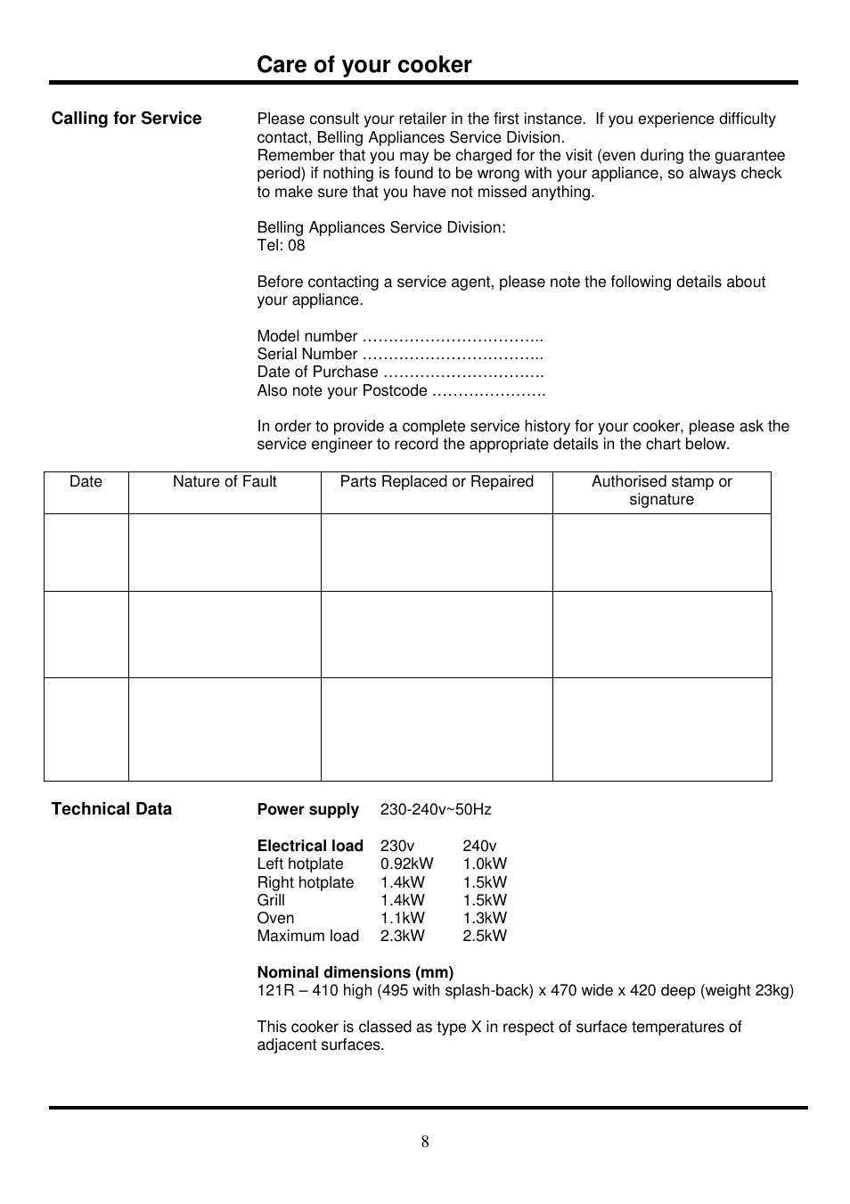 Care of your cooker | Glen Dimplex Home Appliances Ltd 121R User Manual | Page 8 / 8