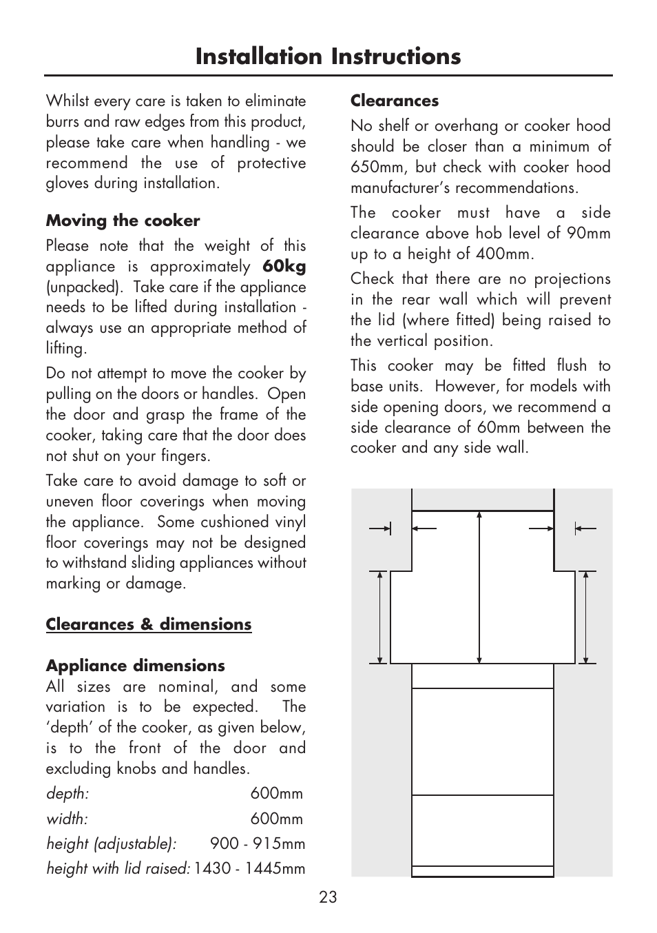 Installation instructions | Glen Dimplex Home Appliances Ltd FSG 60 DO/DOP User Manual | Page 25 / 32