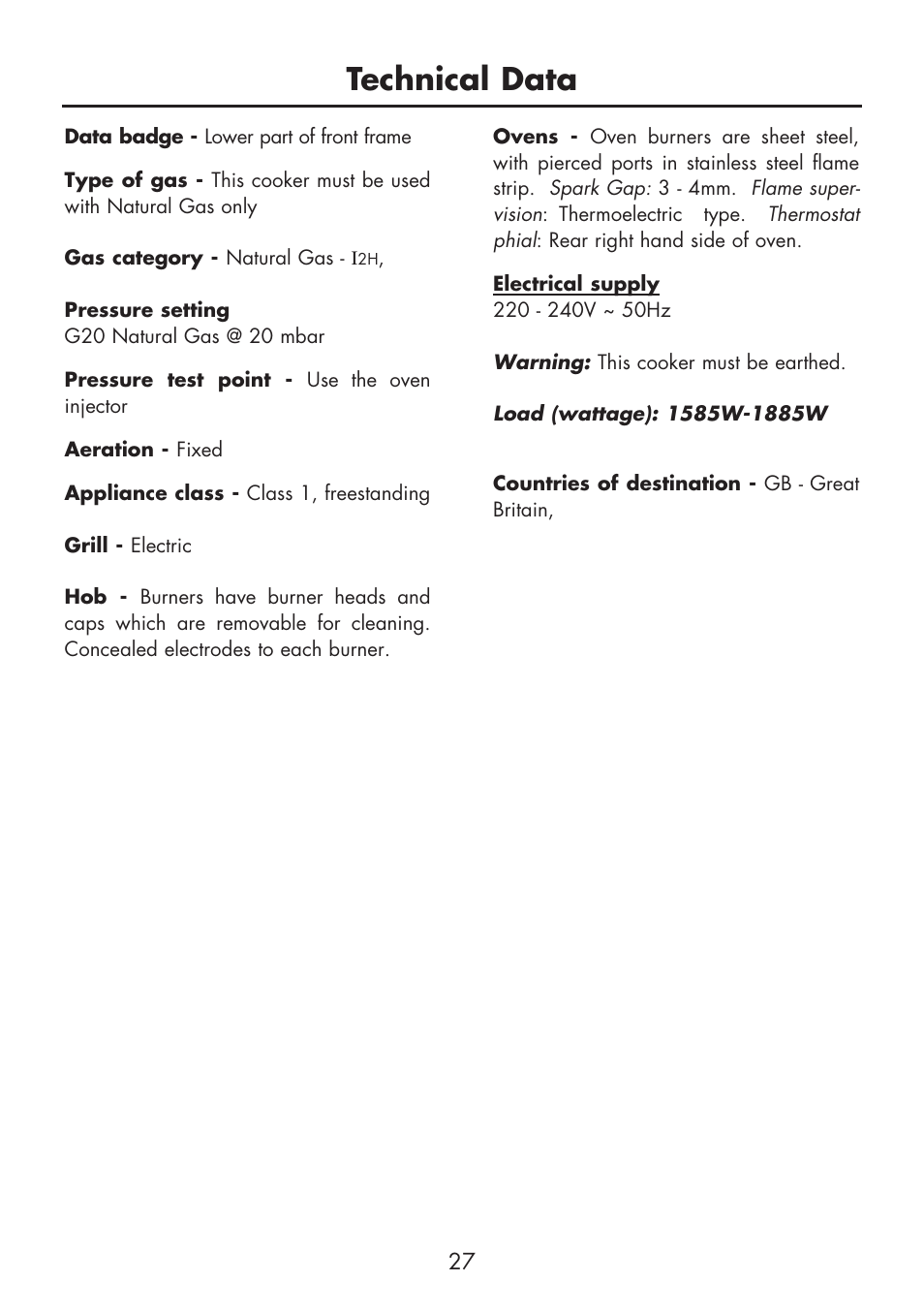 Technical data | Glen Dimplex Home Appliances Ltd FSG 60 DO/DOP User Manual | Page 29 / 32