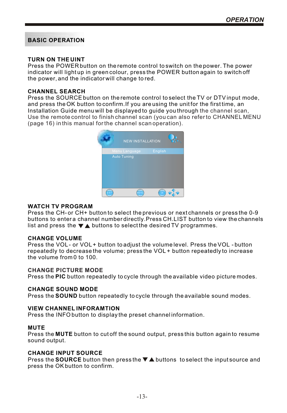 Operation -13 | BUSH 22" LCD TV IDLCD2204HD User Manual | Page 14 / 25