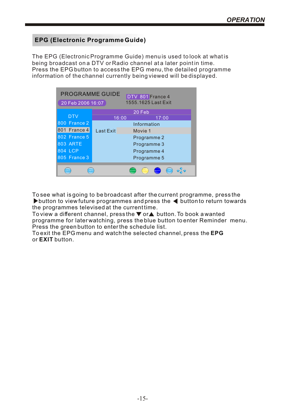 Operation -15, Epg (electronic programme guide), Programme guide | BUSH 22" LCD TV IDLCD2204HD User Manual | Page 16 / 25