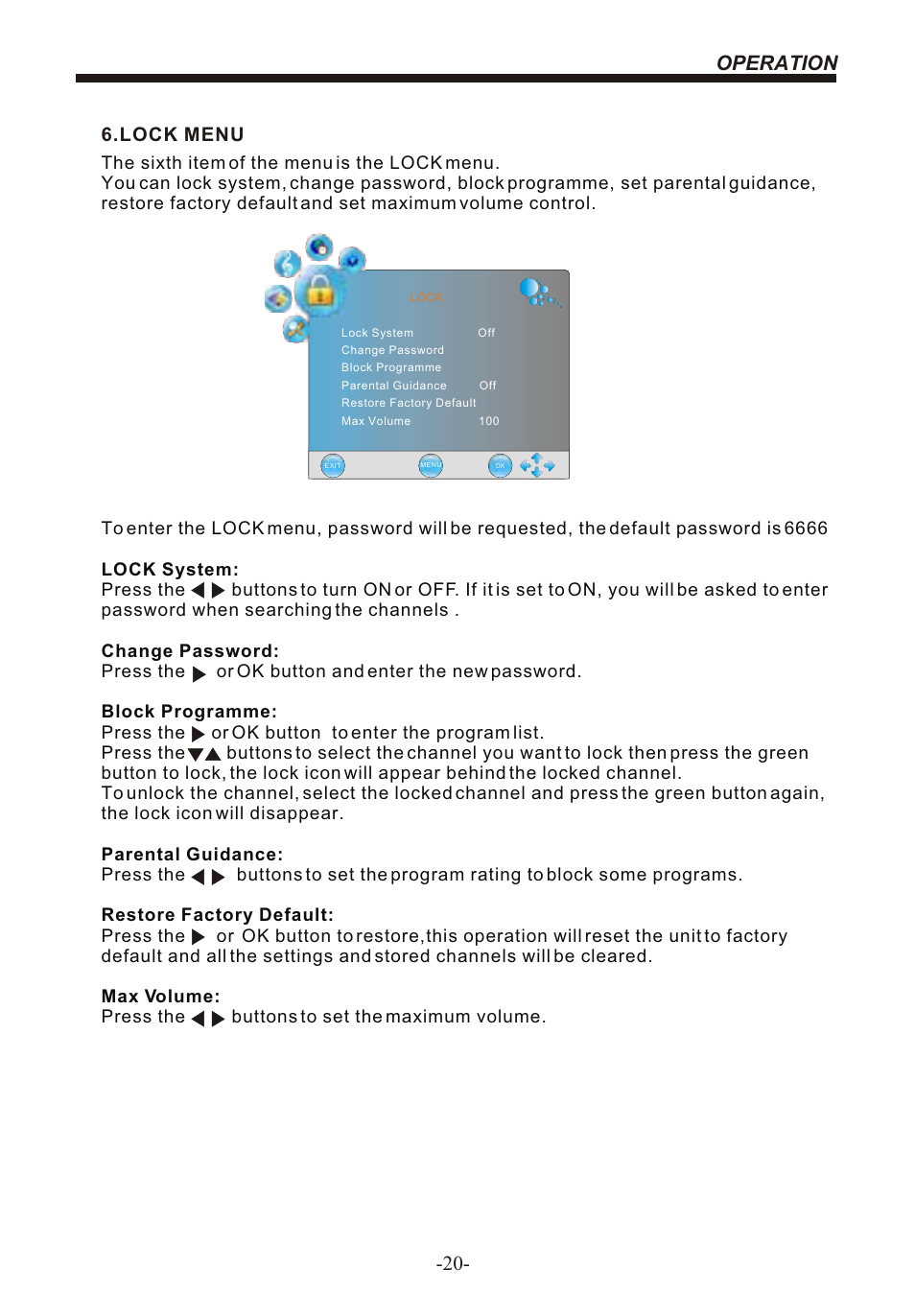 Operation -20, Lock menu | BUSH 22" LCD TV IDLCD2204HD User Manual | Page 21 / 25
