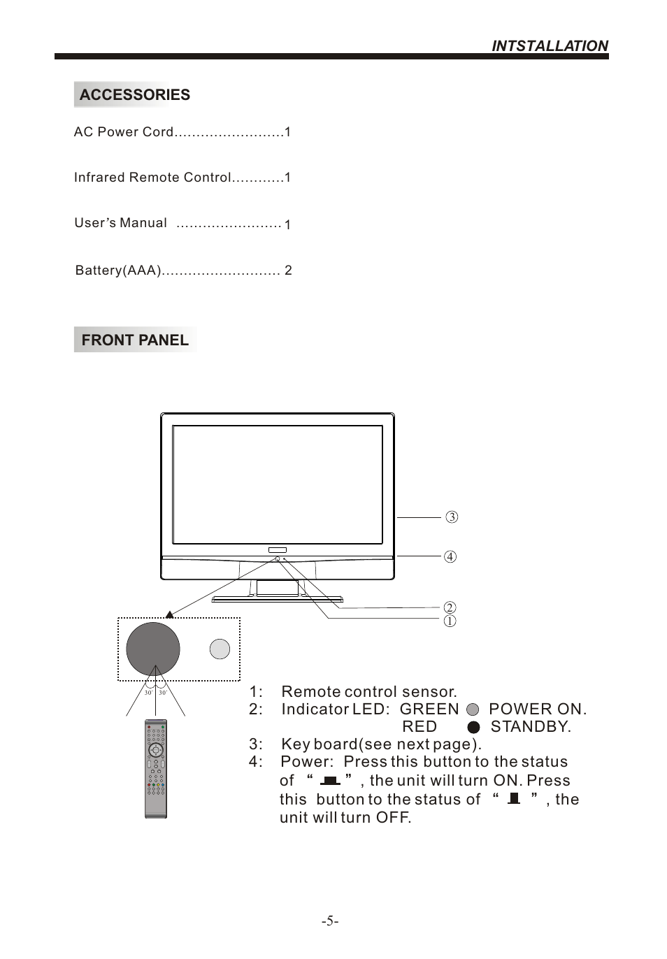 Front panel, Accessories intstallation | BUSH 22" LCD TV IDLCD2204HD User Manual | Page 6 / 25