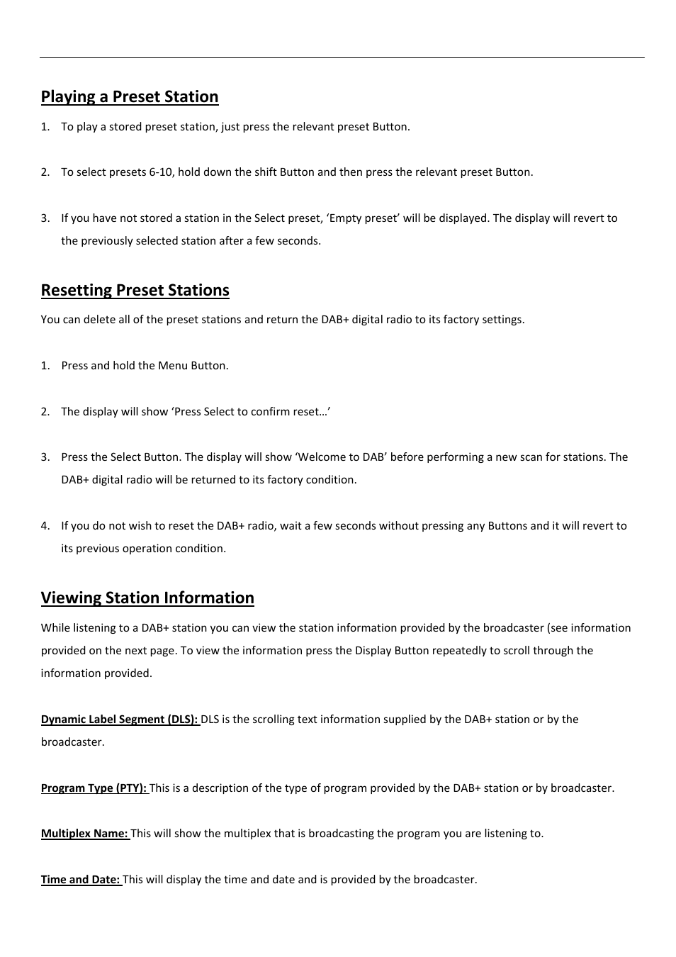 Playing a preset station, Resetting preset stations, Viewing station information | BUSH DAB+/FM/AM Digital Radio TR82DAB User Manual | Page 10 / 16