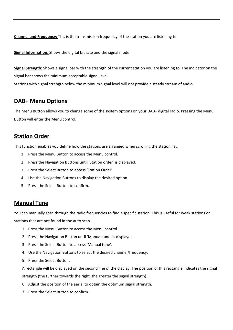 Press the menu button to access the menu control, Press the select button to access ‘station order, Press the select button to confirm | Dab+ menu options, Station order, Manual tune | BUSH DAB+/FM/AM Digital Radio TR82DAB User Manual | Page 11 / 16