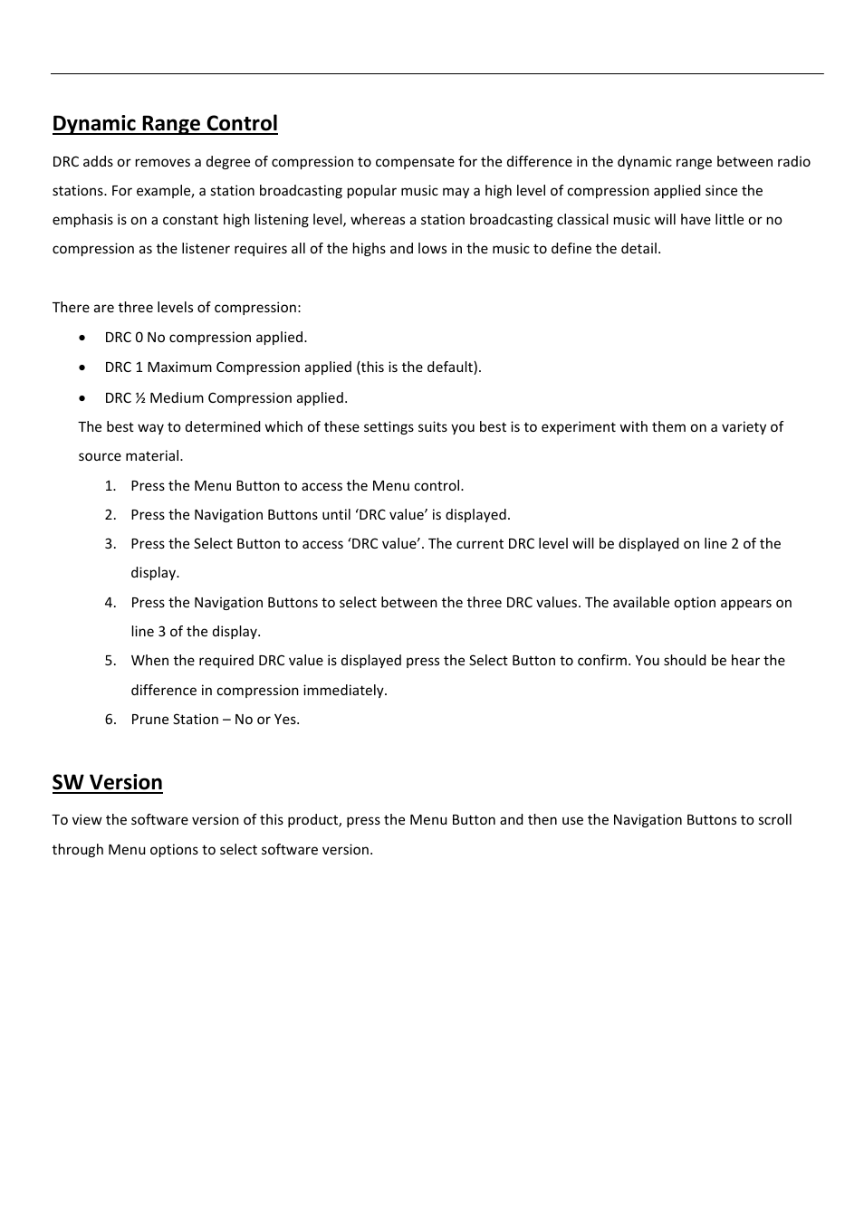 Dynamic range control, Sw version | BUSH DAB+/FM/AM Digital Radio TR82DAB User Manual | Page 12 / 16