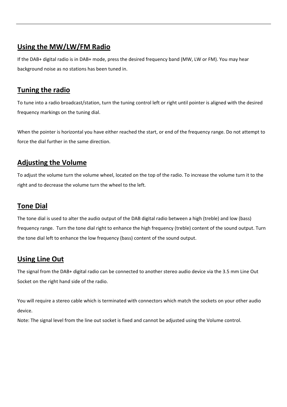 Adjusting the volume, Tone dial, Using the mw/lw/fm radio | Tuning the radio, Using line out | BUSH DAB+/FM/AM Digital Radio TR82DAB User Manual | Page 13 / 16