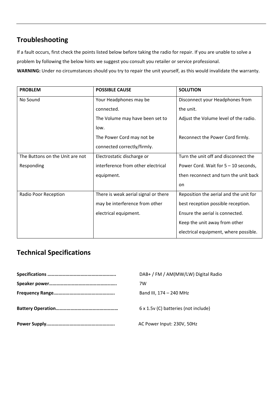 Troubleshooting, Technical specifications | BUSH DAB+/FM/AM Digital Radio TR82DAB User Manual | Page 14 / 16
