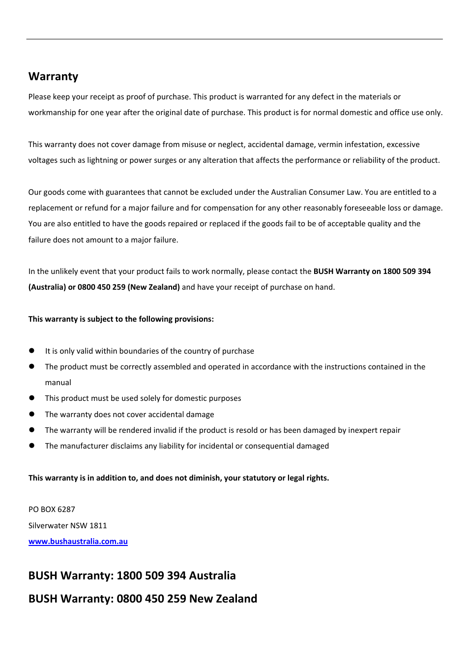 Warranty | BUSH DAB+/FM/AM Digital Radio TR82DAB User Manual | Page 15 / 16