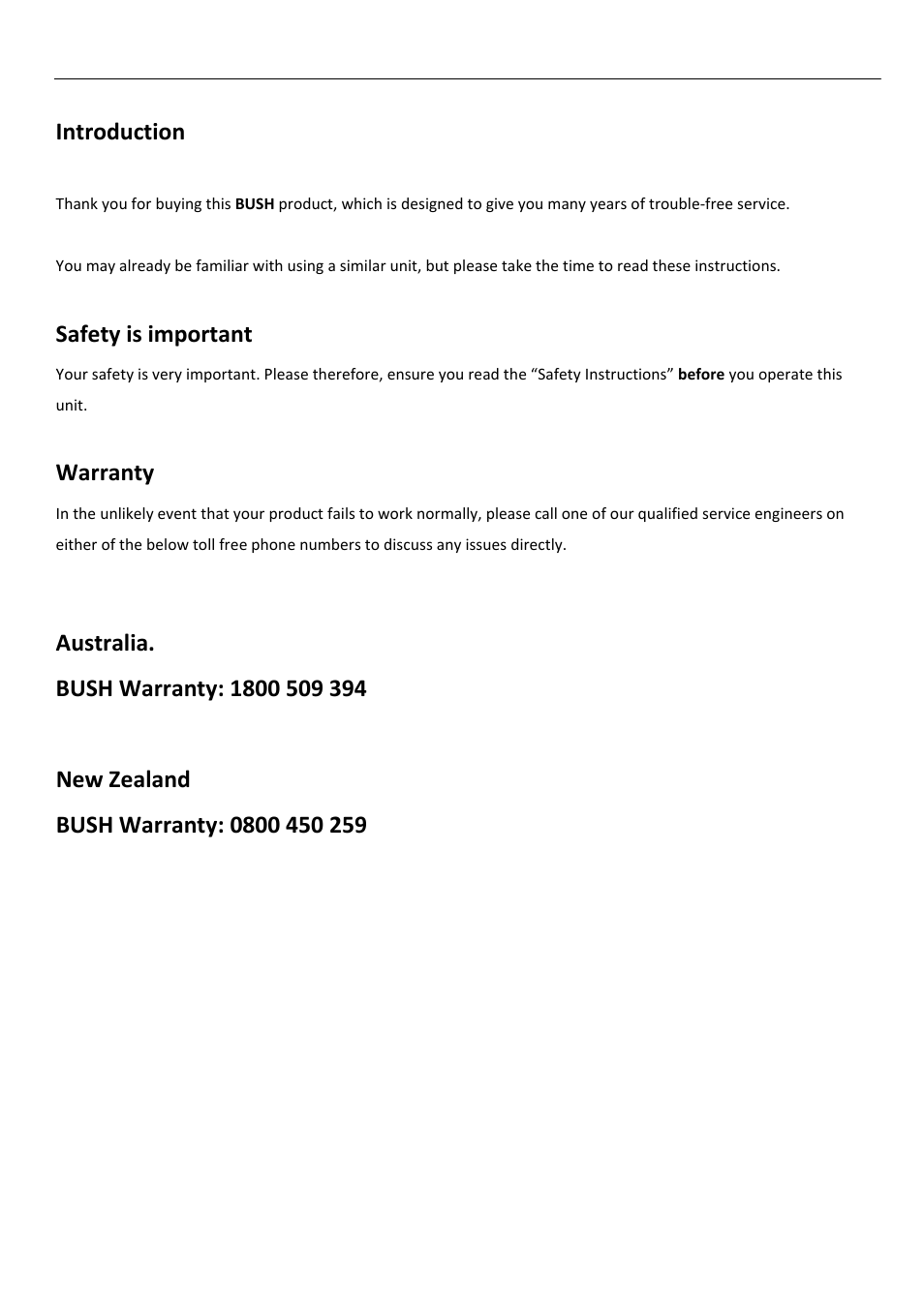 Introduction, Safety is important, Warranty | BUSH DAB+/FM/AM Digital Radio TR82DAB User Manual | Page 2 / 16