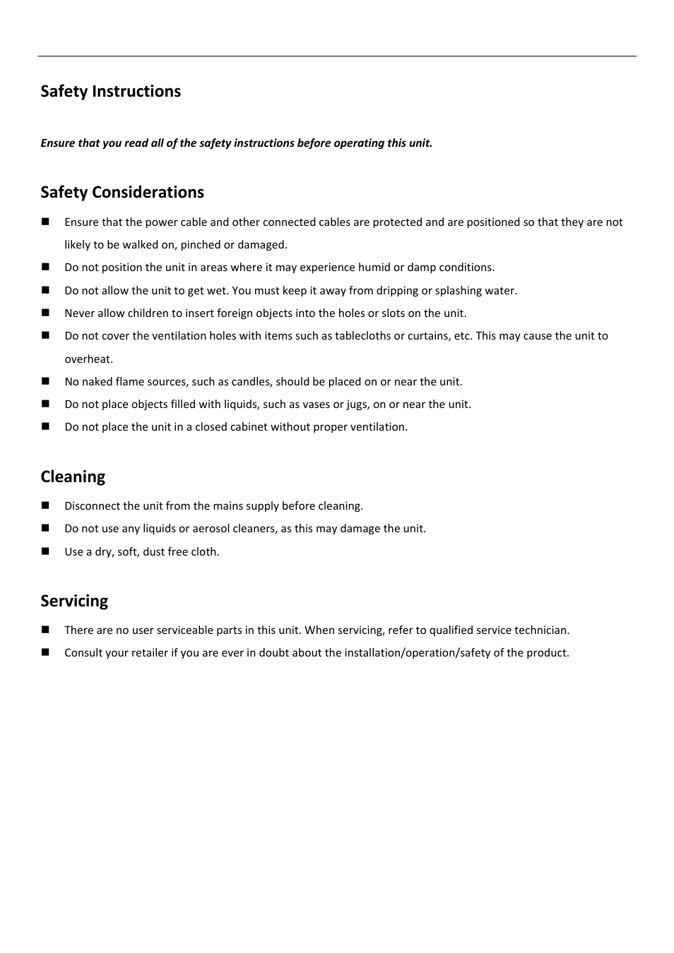 Safety instructions, Safety considerations, Cleaning | Servicing | BUSH DAB+/FM/AM Digital Radio TR82DAB User Manual | Page 3 / 16