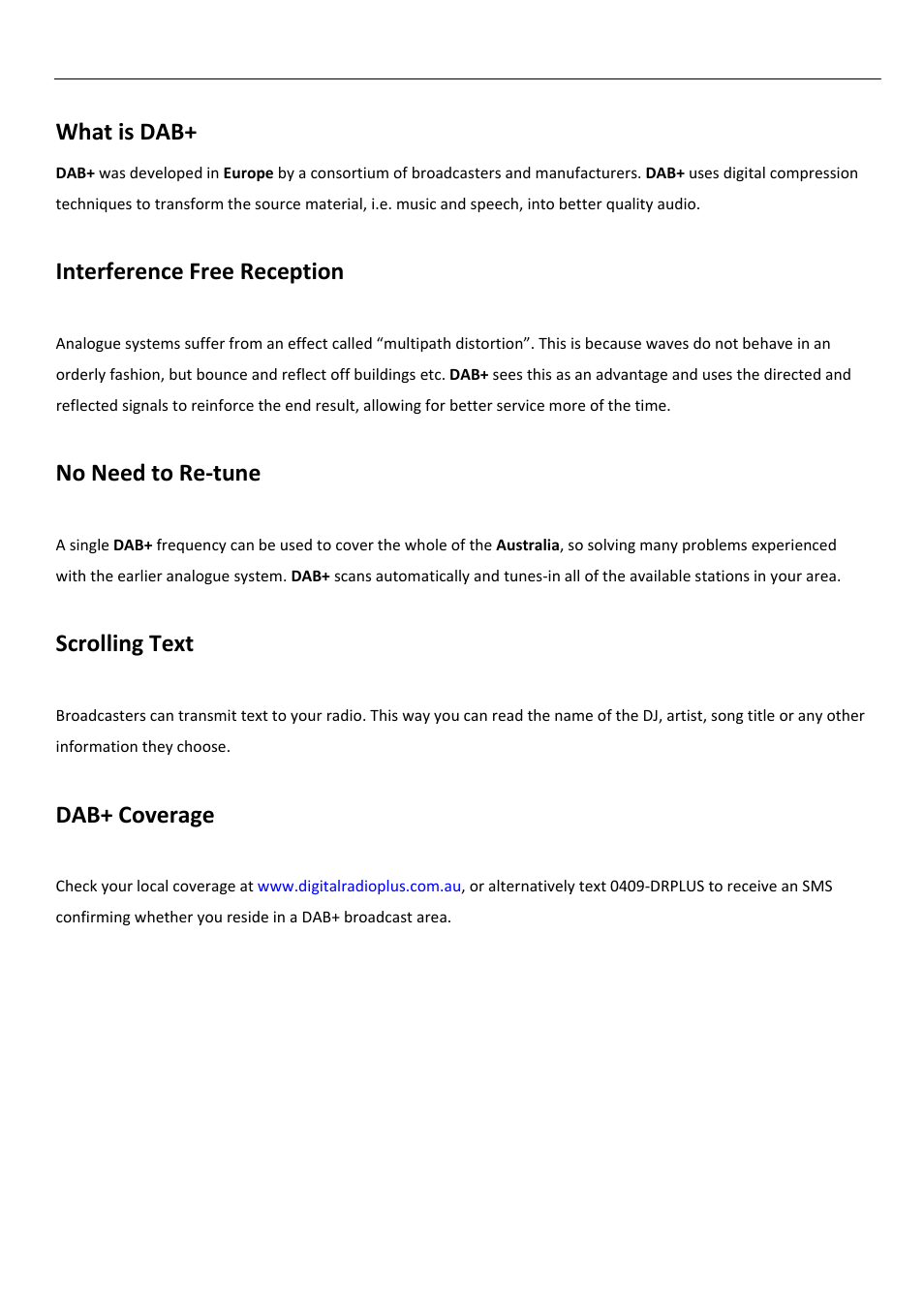 What is dab, Interference free reception, No need to re‐tune | Scrolling text, Dab+ coverage | BUSH DAB+/FM/AM Digital Radio TR82DAB User Manual | Page 6 / 16
