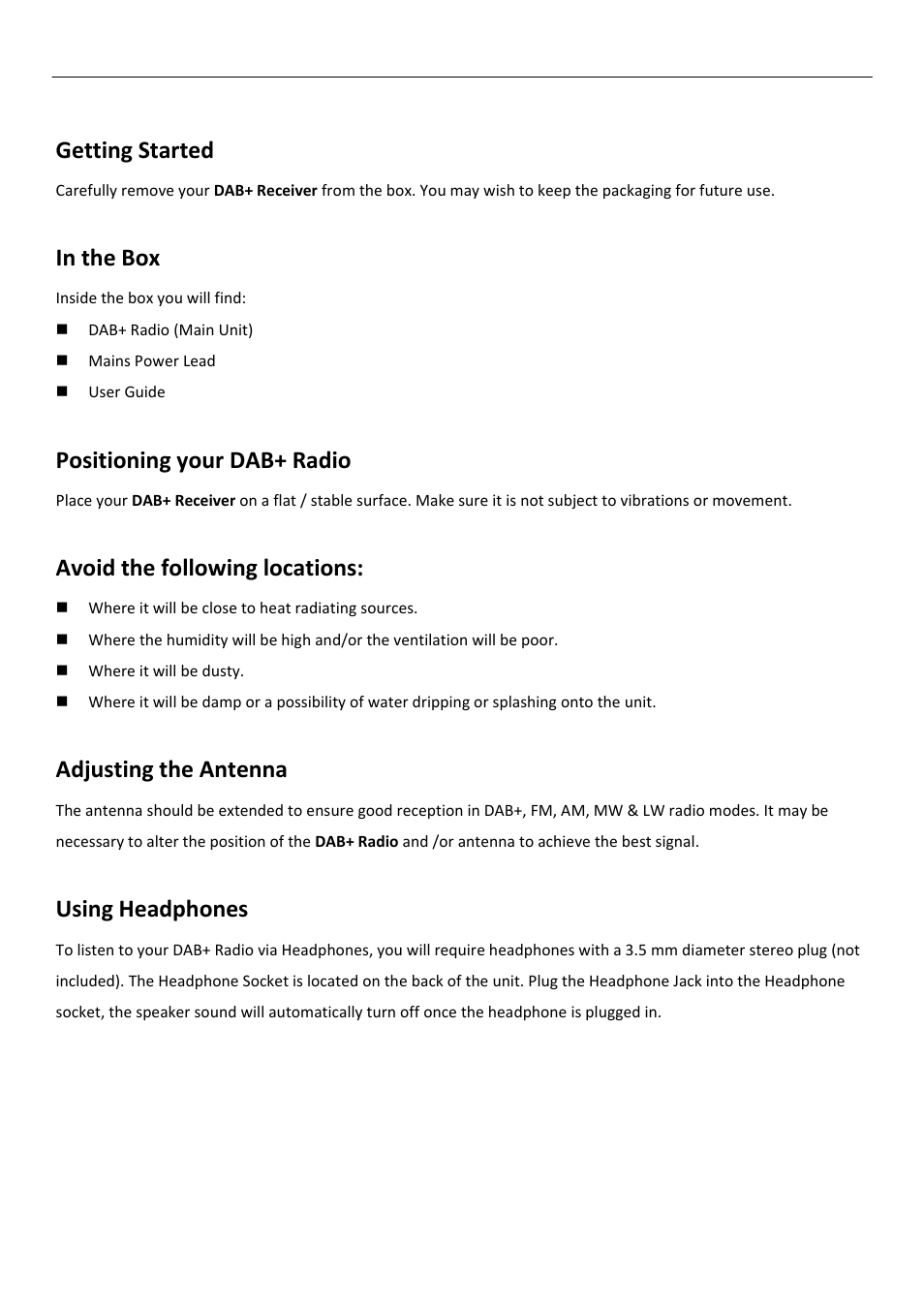 Getting started, Positioning your dab+ radio, Avoid the following locations | Adjusting the antenna, Using headphones | BUSH DAB+/FM/AM Digital Radio TR82DAB User Manual | Page 7 / 16