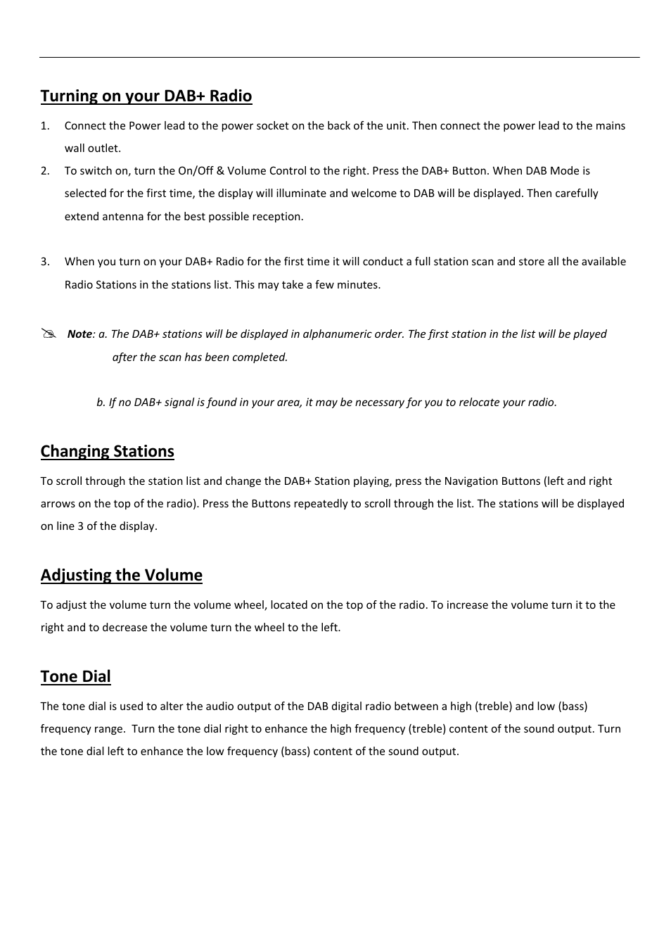 Turning on your dab+ radio, Changing stations, Adjusting the volume | Tone dial | BUSH DAB+/FM/AM Digital Radio TR82DAB User Manual | Page 8 / 16