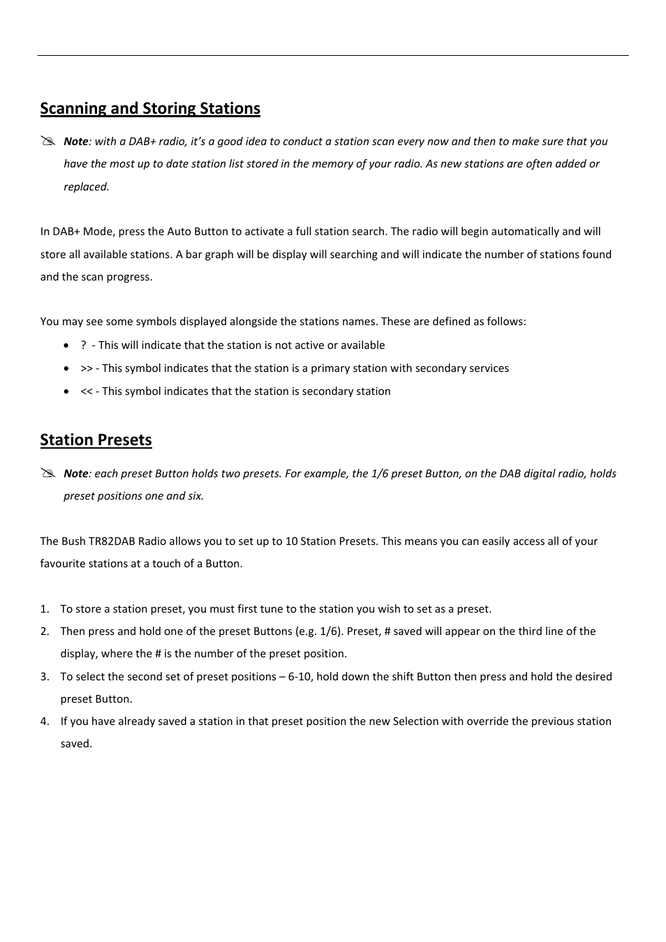 Scanning and storing stations, Station presets | BUSH DAB+/FM/AM Digital Radio TR82DAB User Manual | Page 9 / 16