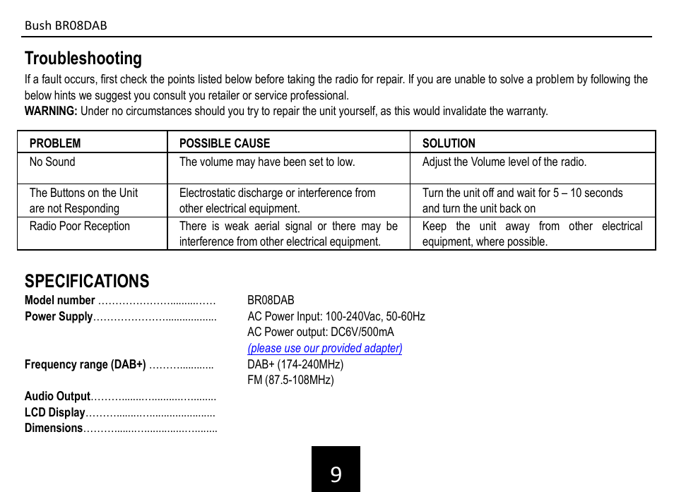 Troubleshooting, Specifications | BUSH DAB+ Digital Radio BR08DAB User Manual | Page 10 / 12