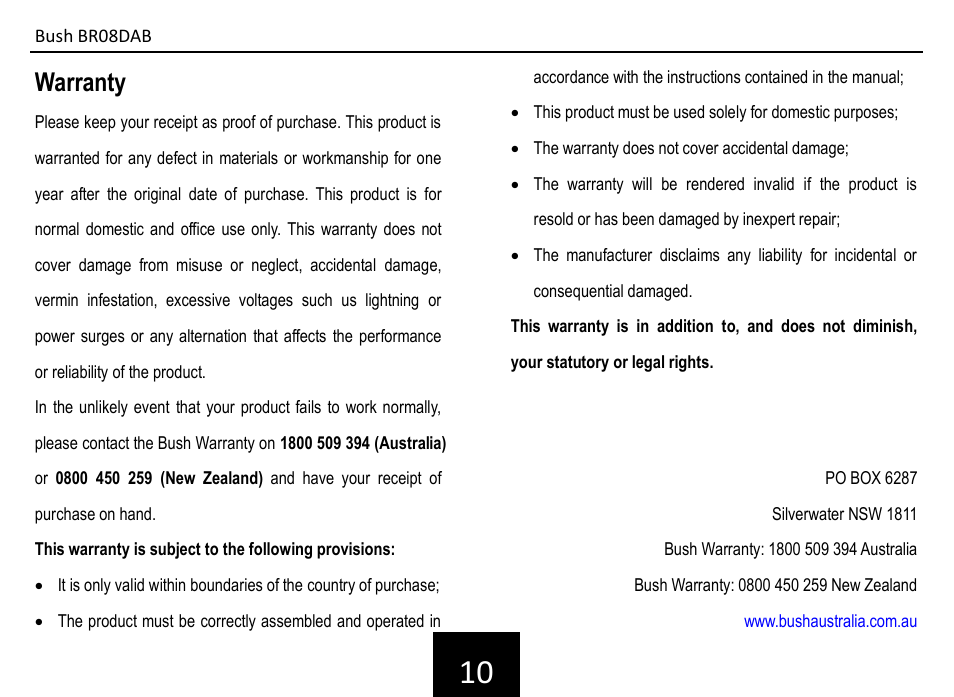 Warranty | BUSH DAB+ Digital Radio BR08DAB User Manual | Page 11 / 12