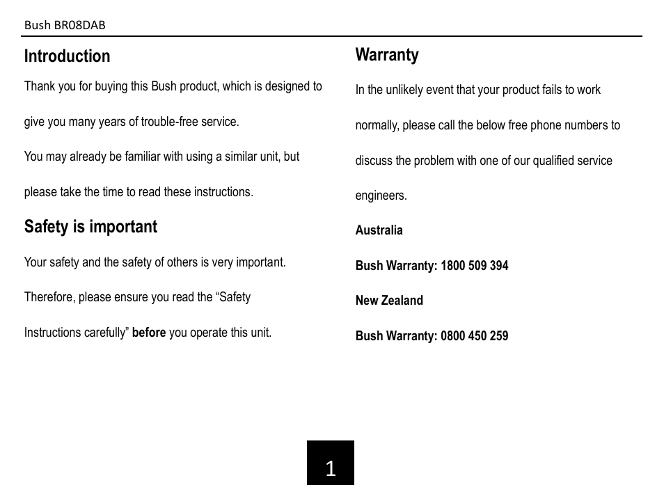 Introduction, Safety is important, Warranty | BUSH DAB+ Digital Radio BR08DAB User Manual | Page 2 / 12