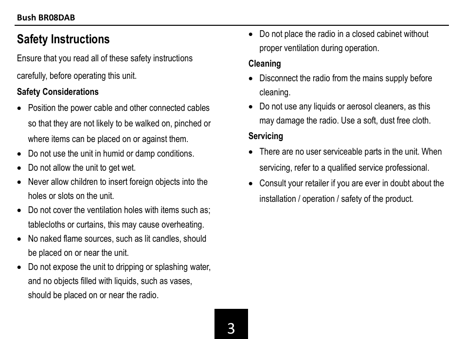 Safety instructions | BUSH DAB+ Digital Radio BR08DAB User Manual | Page 4 / 12