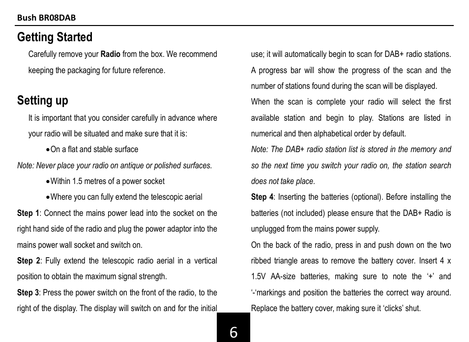 Getting started, Setting up | BUSH DAB+ Digital Radio BR08DAB User Manual | Page 7 / 12