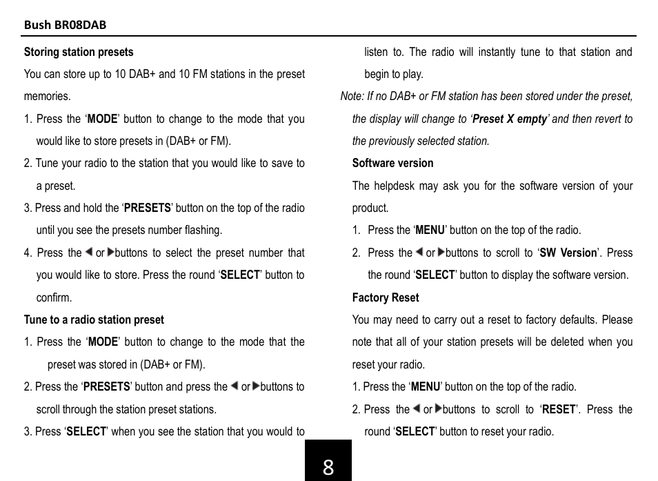 Bush br08dab | BUSH DAB+ Digital Radio BR08DAB User Manual | Page 9 / 12