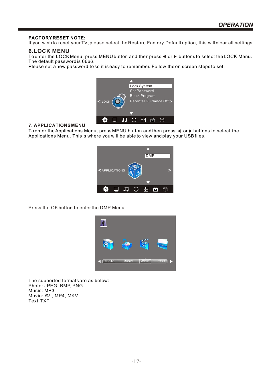 Т³гж 18, Operation, Lock menu | BUSH LED LCD TV IDLED2601 User Manual | Page 18 / 24