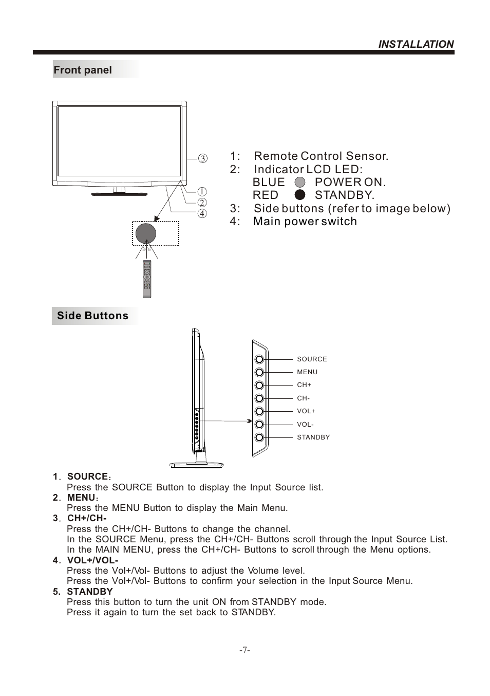 Т³гж 8, Installation, Front panel | Side buttons | BUSH LED LCD TV IDLED2601 User Manual | Page 8 / 24