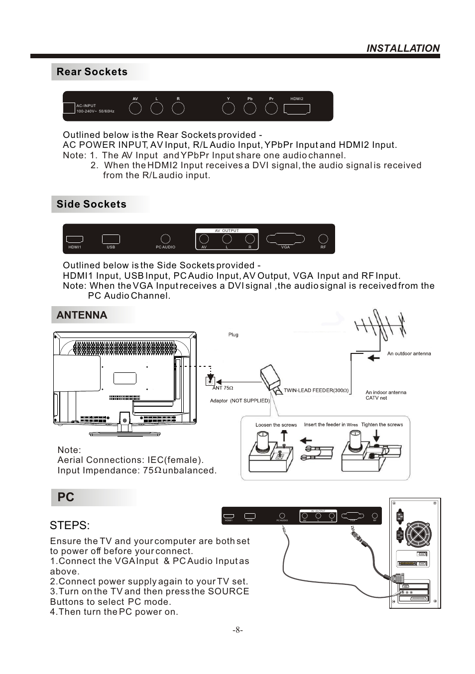 Т³гж 9, Steps, Installation | Antenna, Rear sockets, Side sockets | BUSH LED LCD TV IDLED2601 User Manual | Page 9 / 24