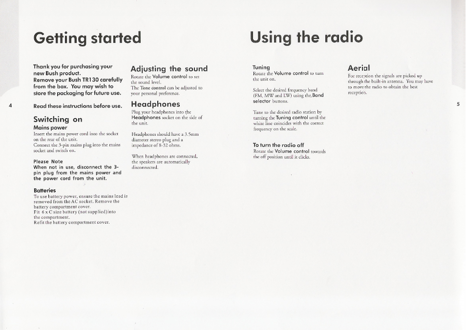 Getting started, Adjusting the sound, Switching on | Using the radio, Aerial | BUSH TR130 User Manual | Page 2 / 4