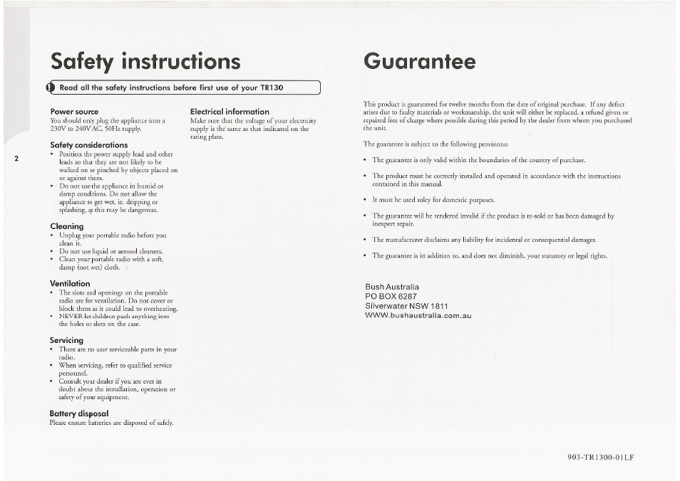 Safety instructions, Guarantee | BUSH TR130 User Manual | Page 3 / 4