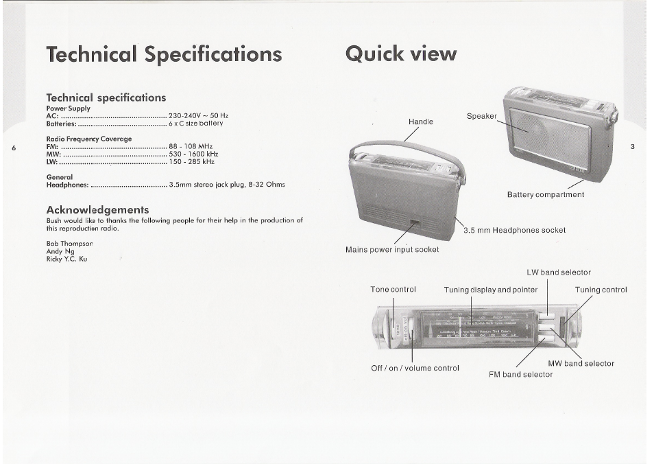 Technical specifications, Acknowledgements, Technical specifications quick view | BUSH TR130 User Manual | Page 4 / 4