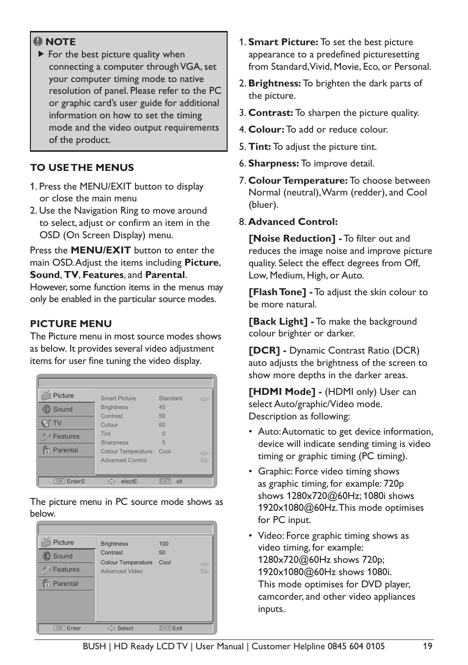 The picture menu in pc source mode shows as below | BUSH A632N User Manual | Page 21 / 40
