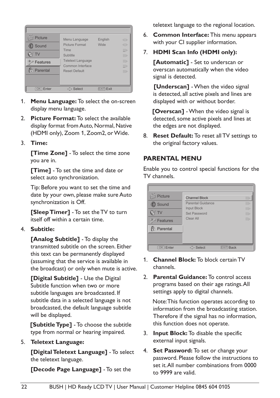 Parental menu | BUSH A632N User Manual | Page 24 / 40