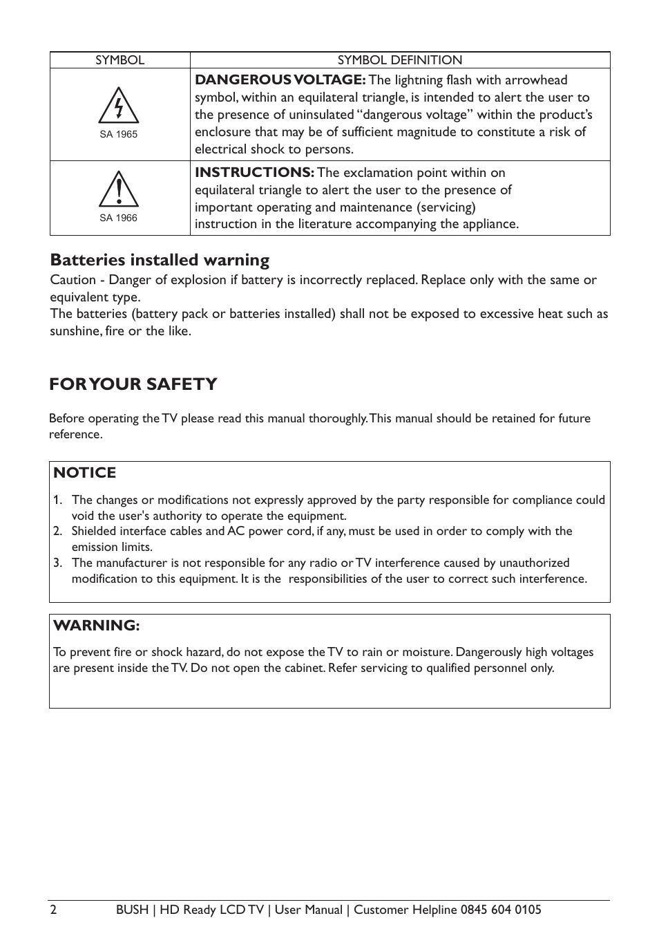 Batteries installed warning, For your safety | BUSH A632N User Manual | Page 4 / 40