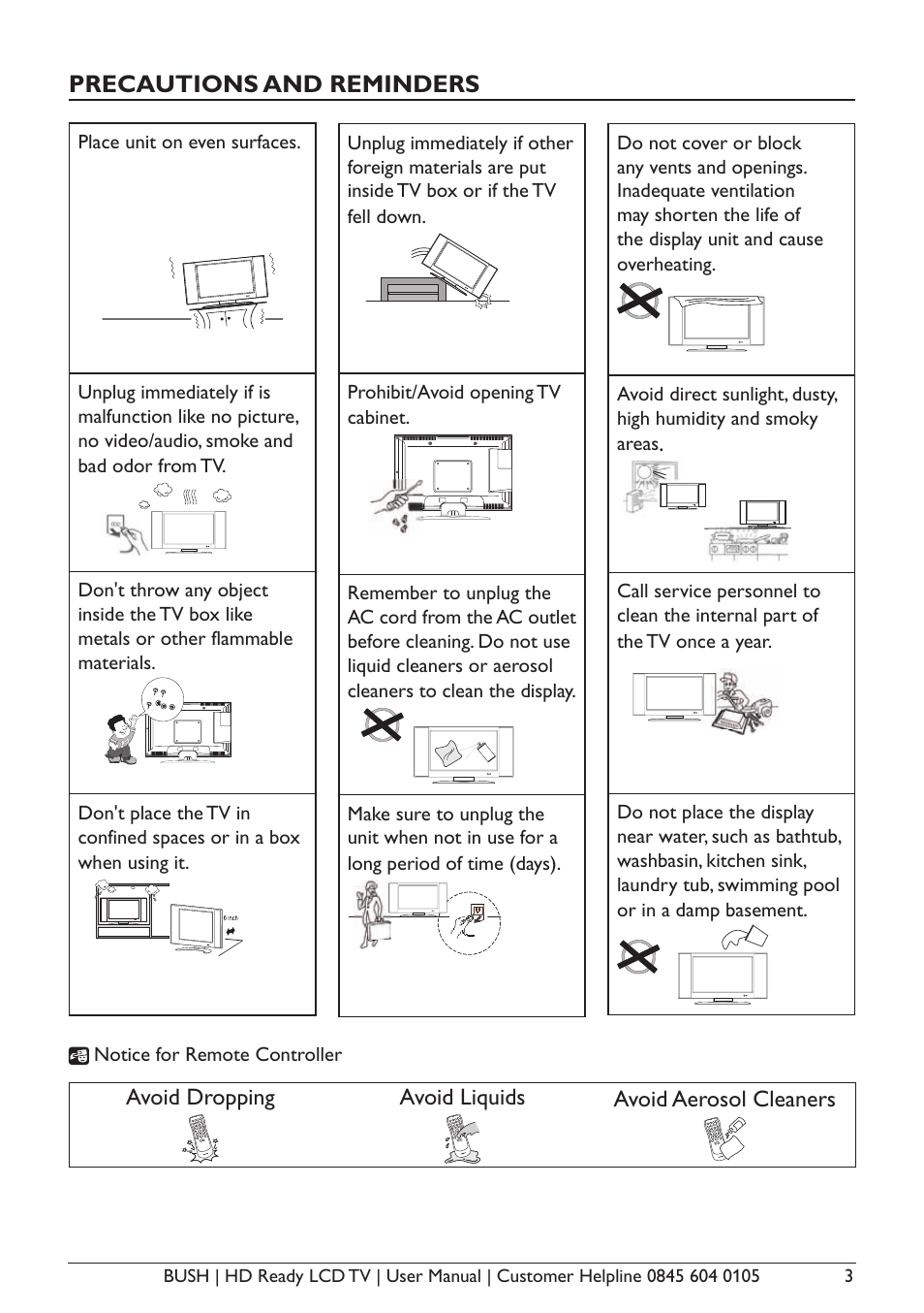 Precautions and reminders, Avoid dropping, Avoid liquids | Avoid aerosol cleaners | BUSH A632N User Manual | Page 5 / 40