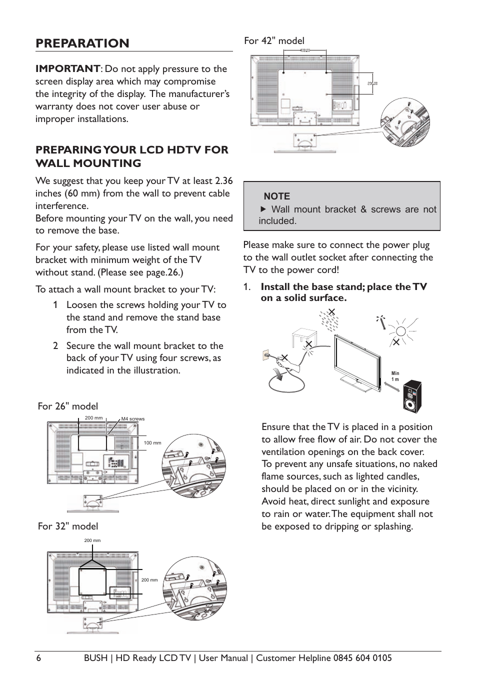 Preparation, Preparing your lcd hdtv for wall mounting | BUSH A632N User Manual | Page 8 / 40