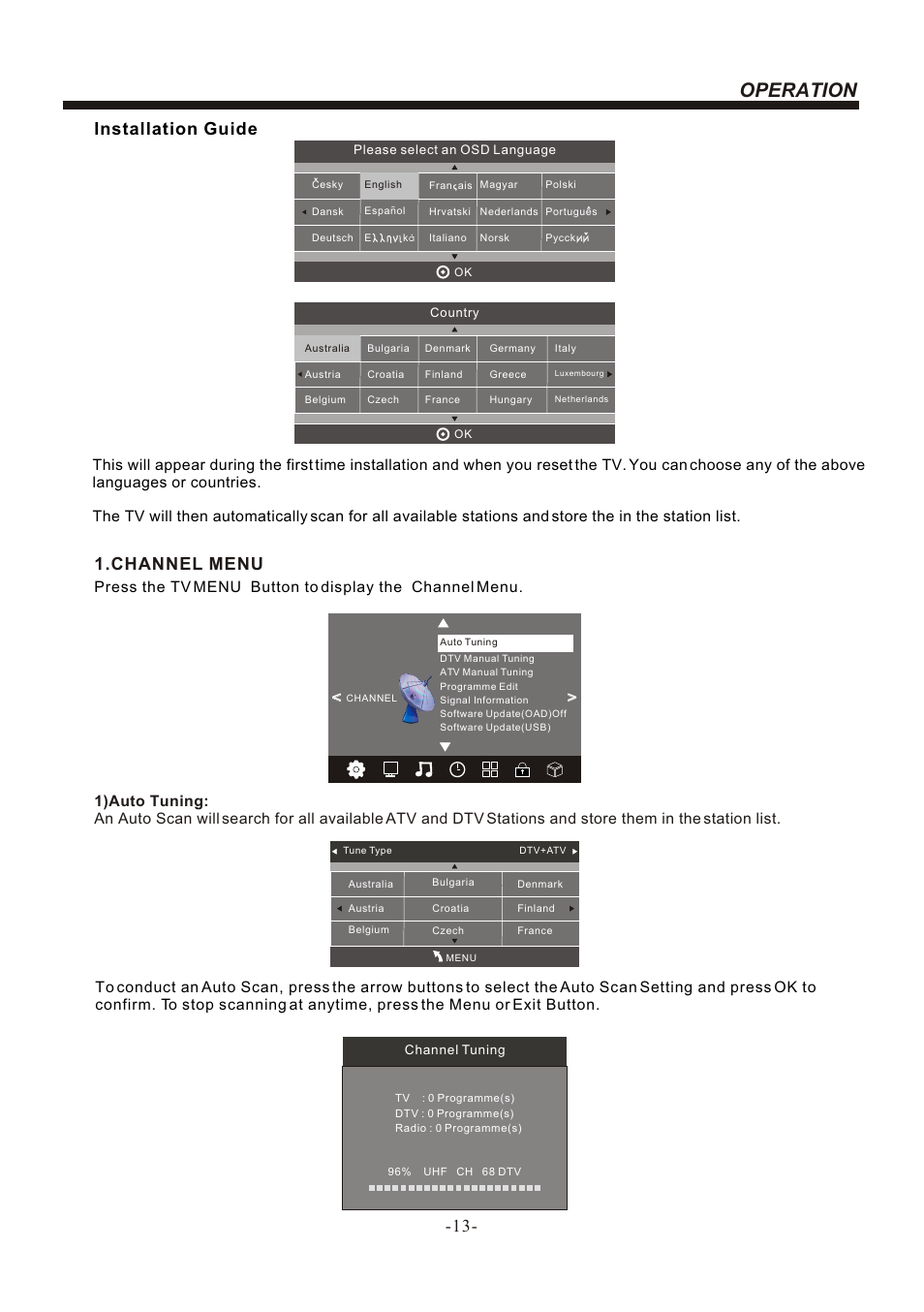 Т³гж 14, Operation, Installation guide | Channel menu | BUSH LED LCD TV IDLED2201 User Manual | Page 14 / 25