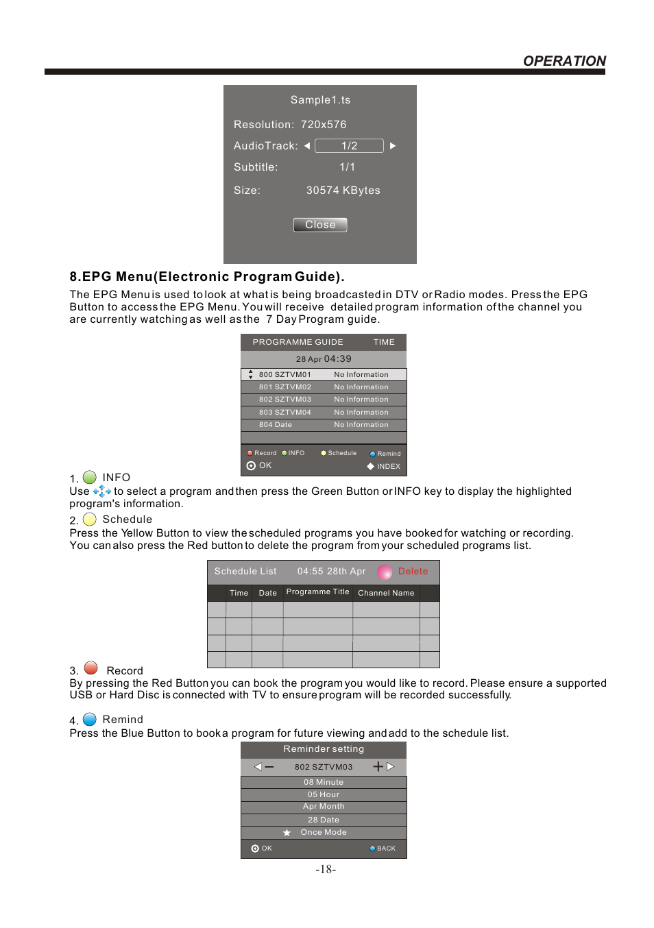 Т³гж 19, Operation, Epg menu(electronic program guide) | BUSH LED LCD TV IDLED2201 User Manual | Page 19 / 25