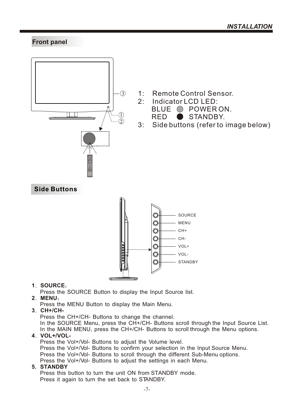 Т³гж 8, Installation, Front panel | Side buttons | BUSH LED LCD TV IDLED2201 User Manual | Page 8 / 25