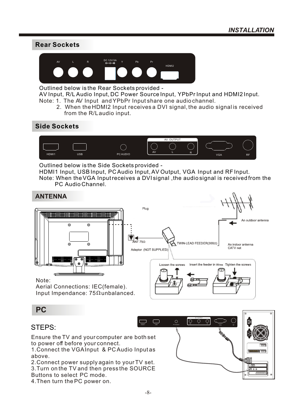 Т³гж 9, Steps, Installation | Antenna, Rear sockets, Side sockets | BUSH LED LCD TV IDLED2201 User Manual | Page 9 / 25
